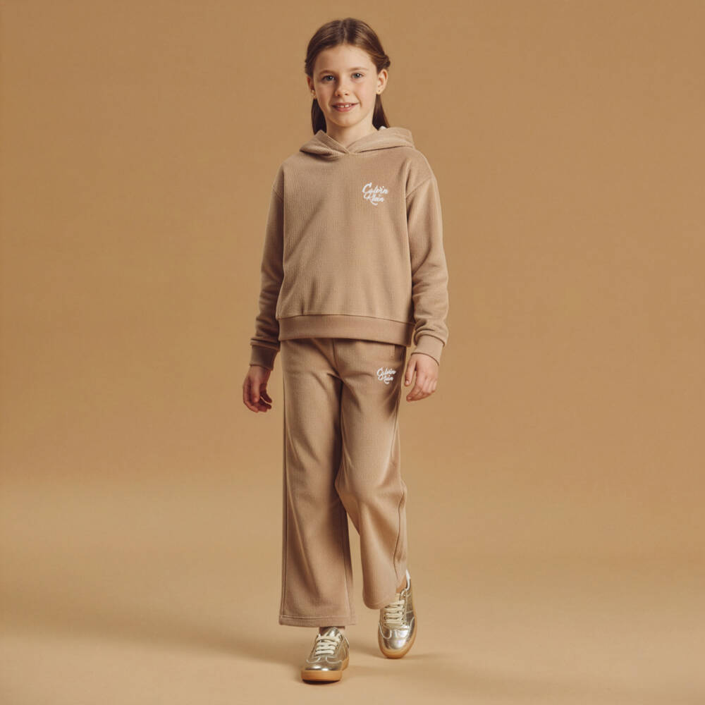 Calvin Klein-Girls Dark Beige Ribbed Velour Trouser Set | Childrensalon