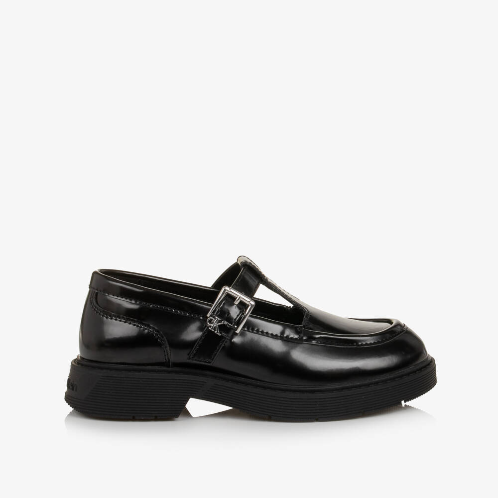 Calvin Klein-Girls Glossy Black T-Bar Buckle Shoes | Childrensalon