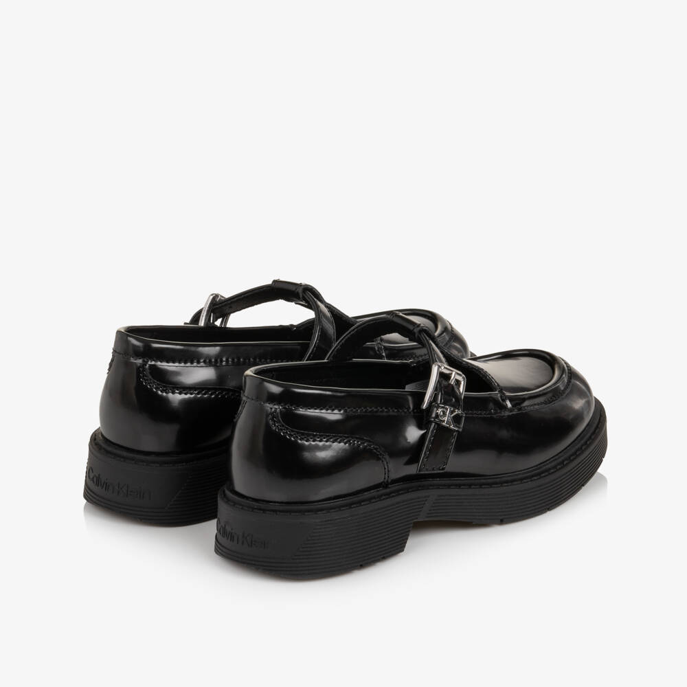 Calvin Klein-Girls Glossy Black T-Bar Buckle Shoes | Childrensalon