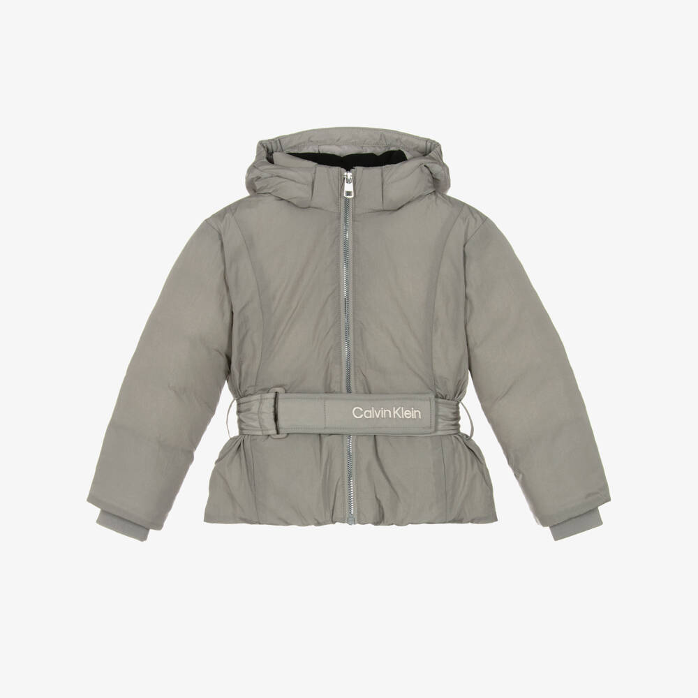 Calvin Klein-Girls Grey Belted Puffer Jacket | Childrensalon