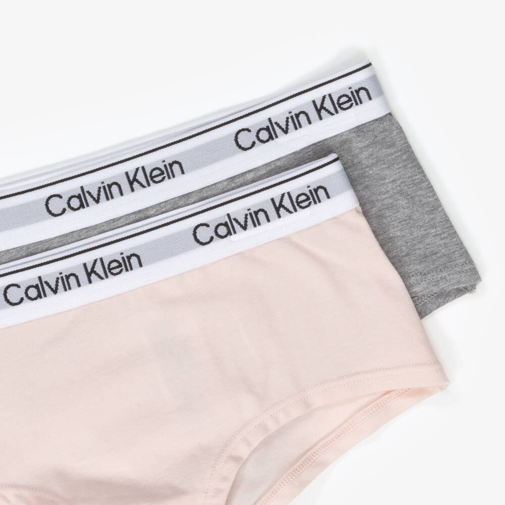 Calvin Klein-Girls Grey & Pink Cotton Knickers (2 Pack) | Childrensalon