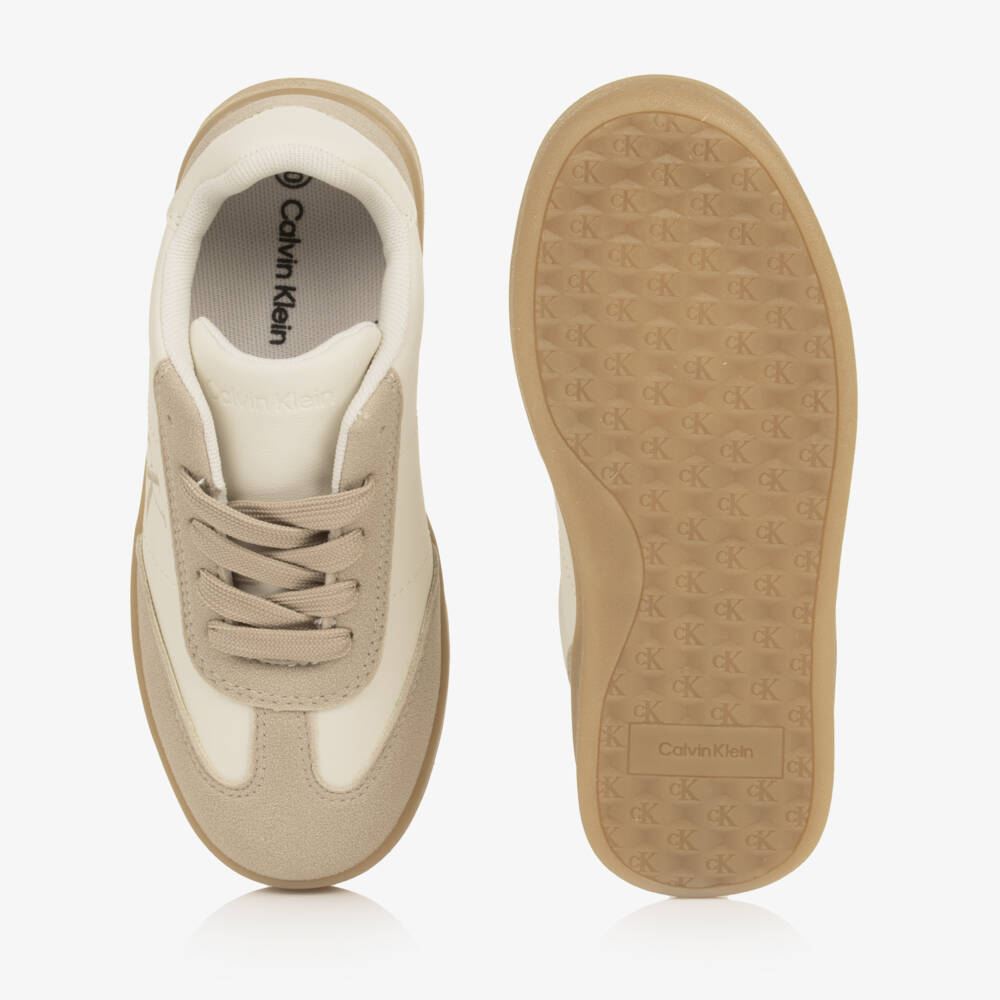 Calvin Klein-Girls Ivory & Beige Faux Leather Lace-Up Trainers | Childrensalon