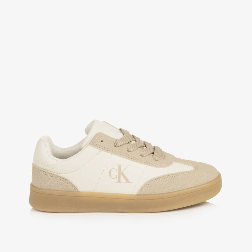 Calvin Klein-Girls Ivory & Beige Faux Leather Lace-Up Trainers | Childrensalon