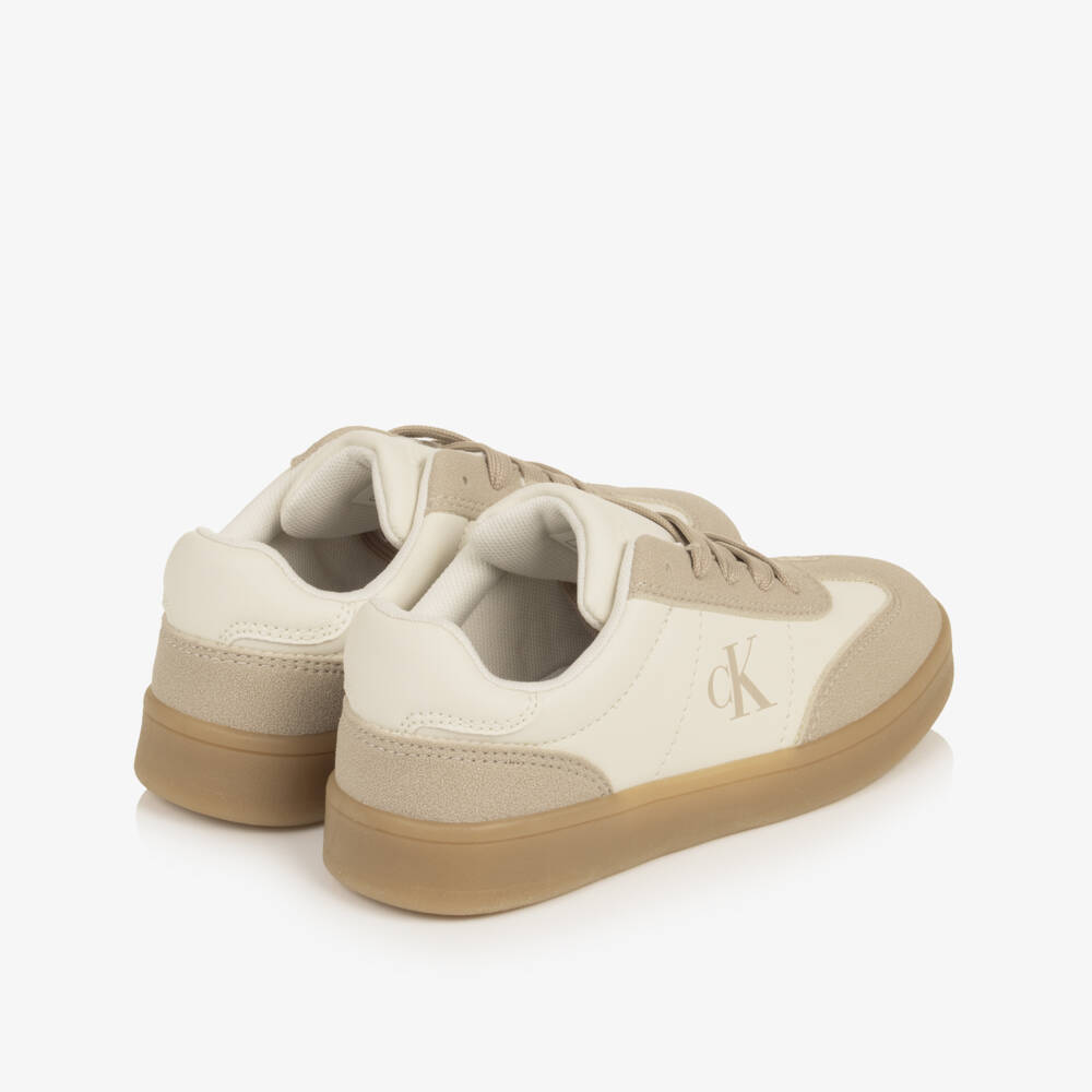 Calvin Klein-Girls Ivory & Beige Faux Leather Lace-Up Trainers | Childrensalon