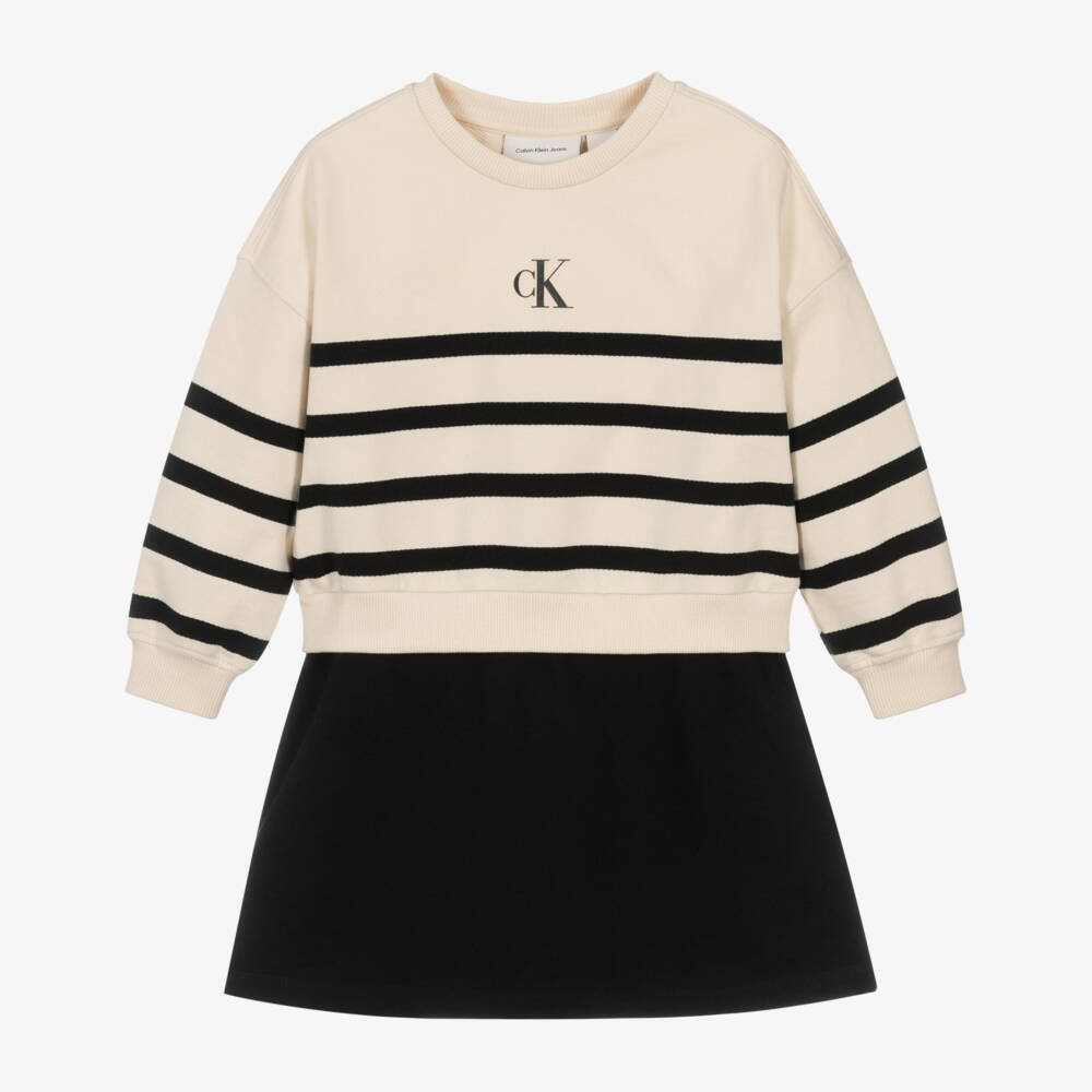 Calvin Klein-Girls Ivory & Black Striped Cotton Sweatshirt Dress | Childrensalon