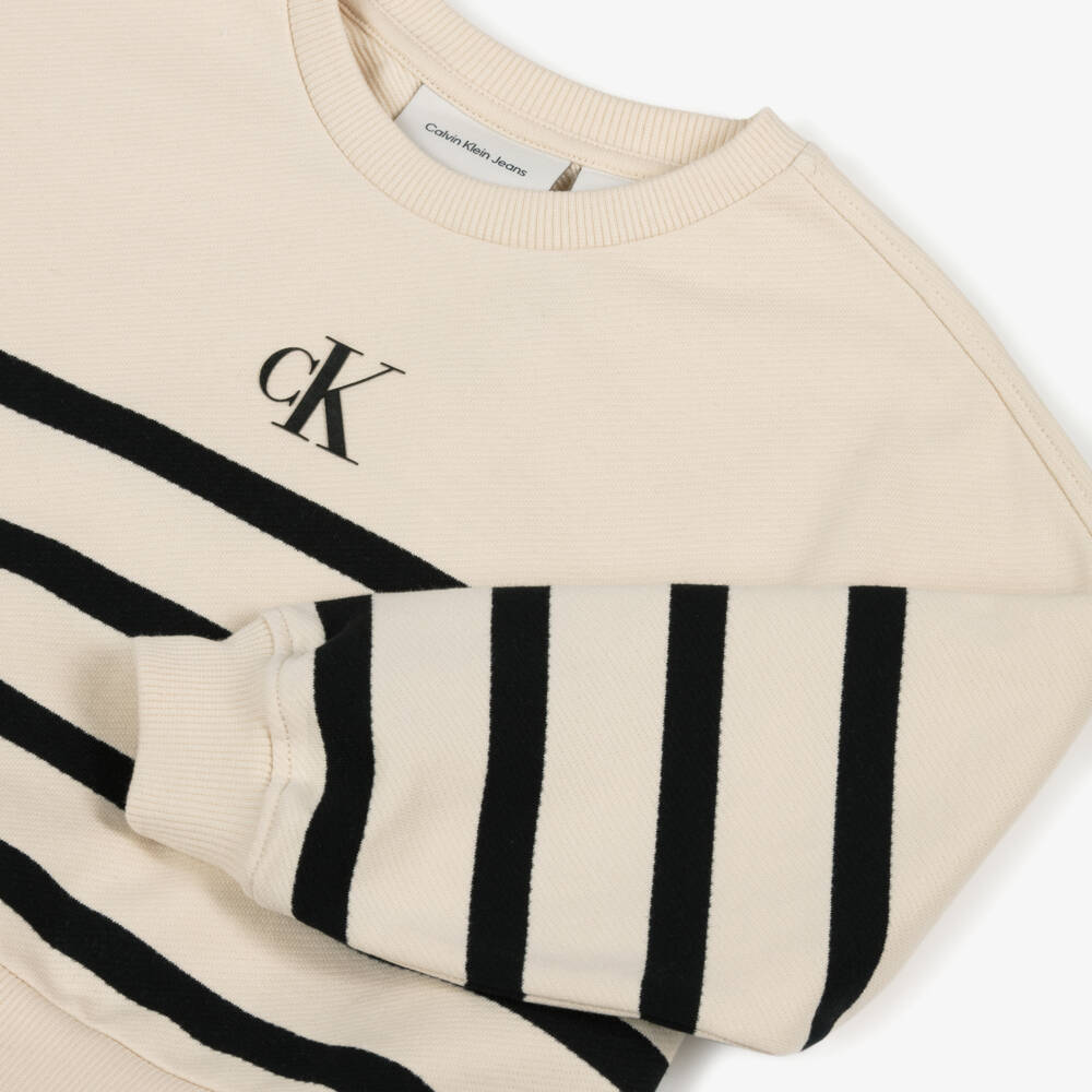Calvin Klein-Girls Ivory & Black Striped Cotton Sweatshirt Dress | Childrensalon