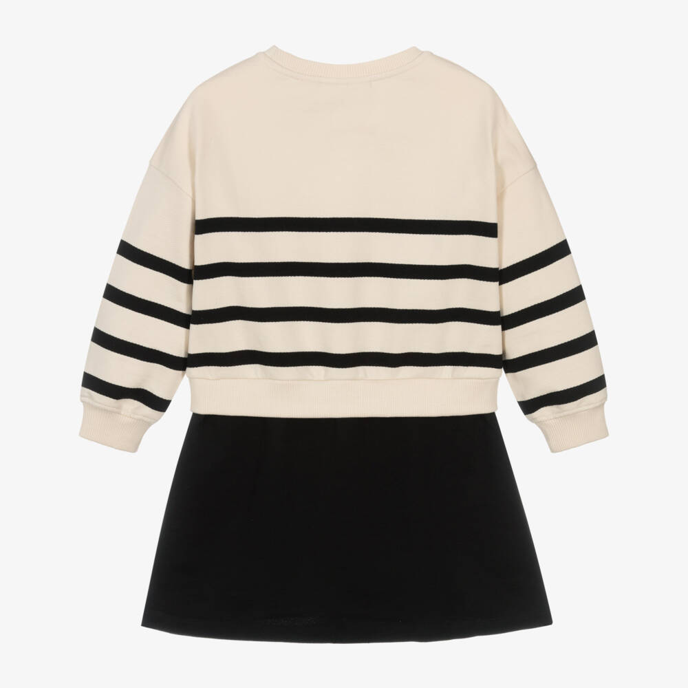 Calvin Klein-Girls Ivory & Black Striped Cotton Sweatshirt Dress | Childrensalon