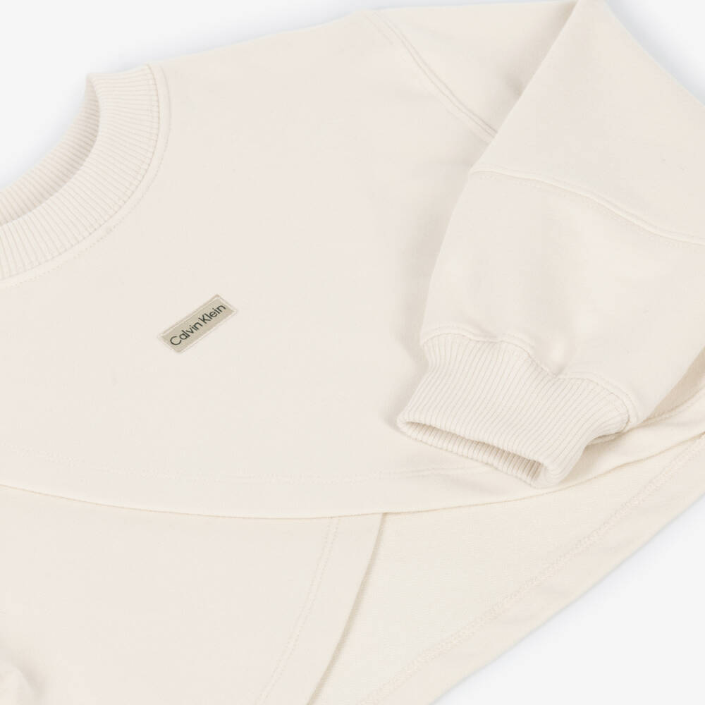 Calvin Klein-Свитшот кремовый хлопковый с логотипом и отворотом для девочек | Childrensalon