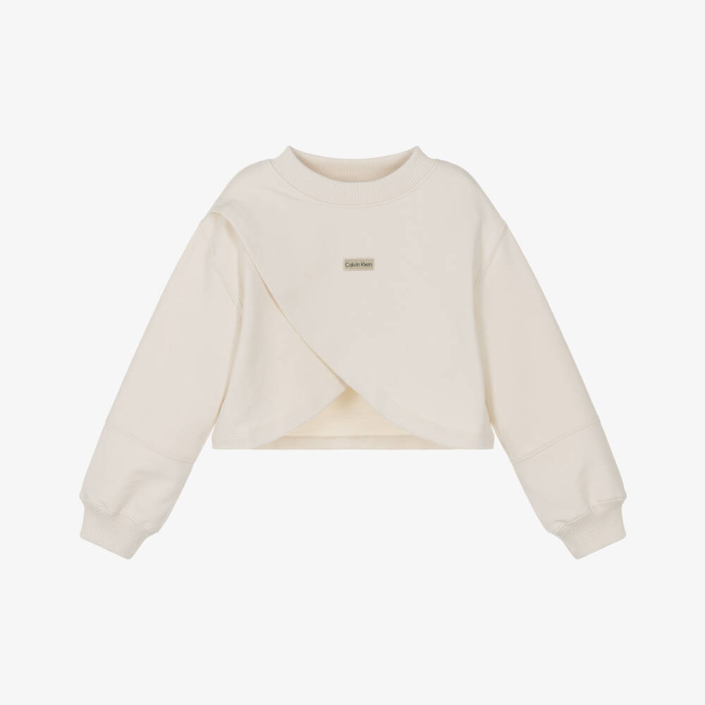 Calvin Klein-Girls Ivory Cotton Fold-Over Sweatshirt with Logo | Childrensalon