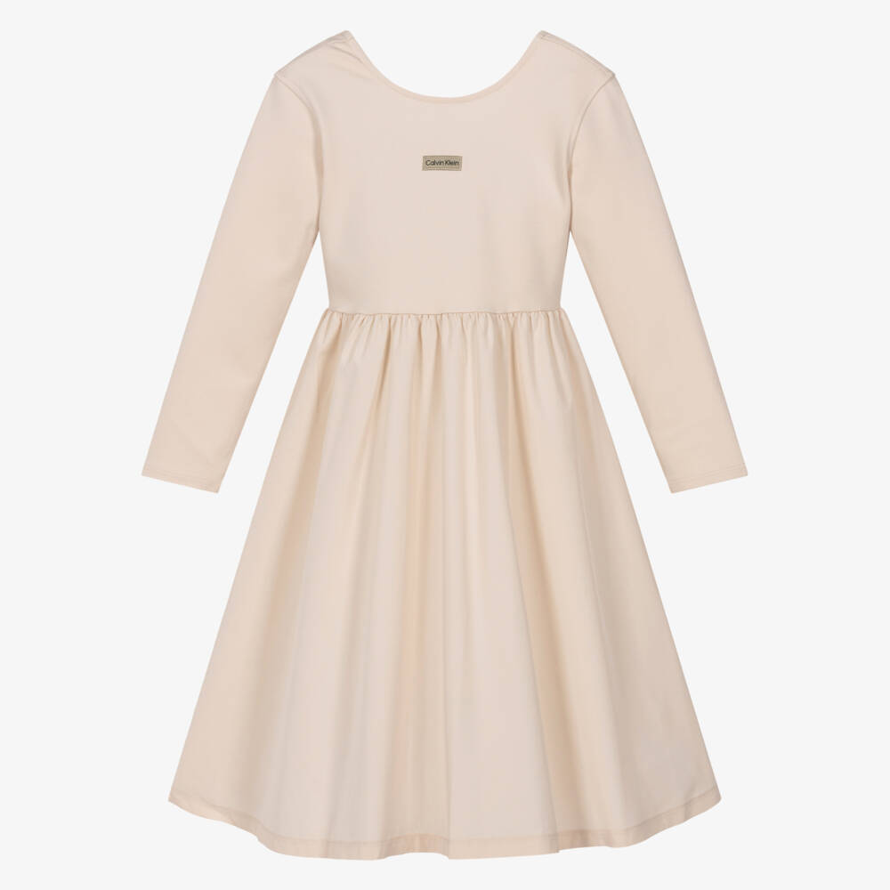 Calvin Klein-Girls Ivory Cotton Jersey & Satin Dress with Logo Badge | Childrensalon
