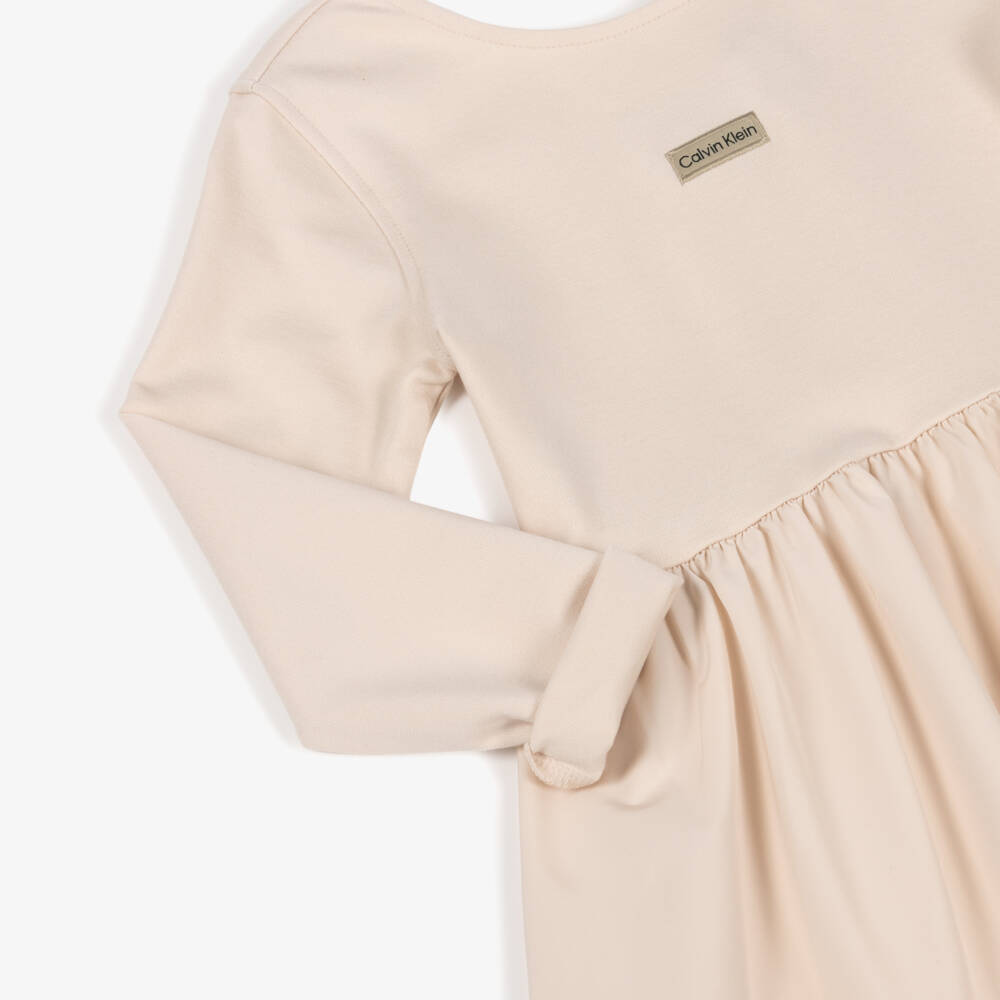 Calvin Klein-Girls Ivory Cotton Jersey & Satin Dress with Logo Badge | Childrensalon