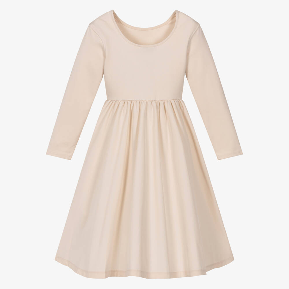 Calvin Klein-Girls Ivory Cotton Jersey & Satin Dress with Logo Badge | Childrensalon