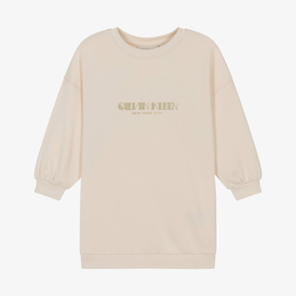 Calvin Klein-Girls Ivory Cotton Sweatshirt Dress with Iridescent Logo | Childrensalon