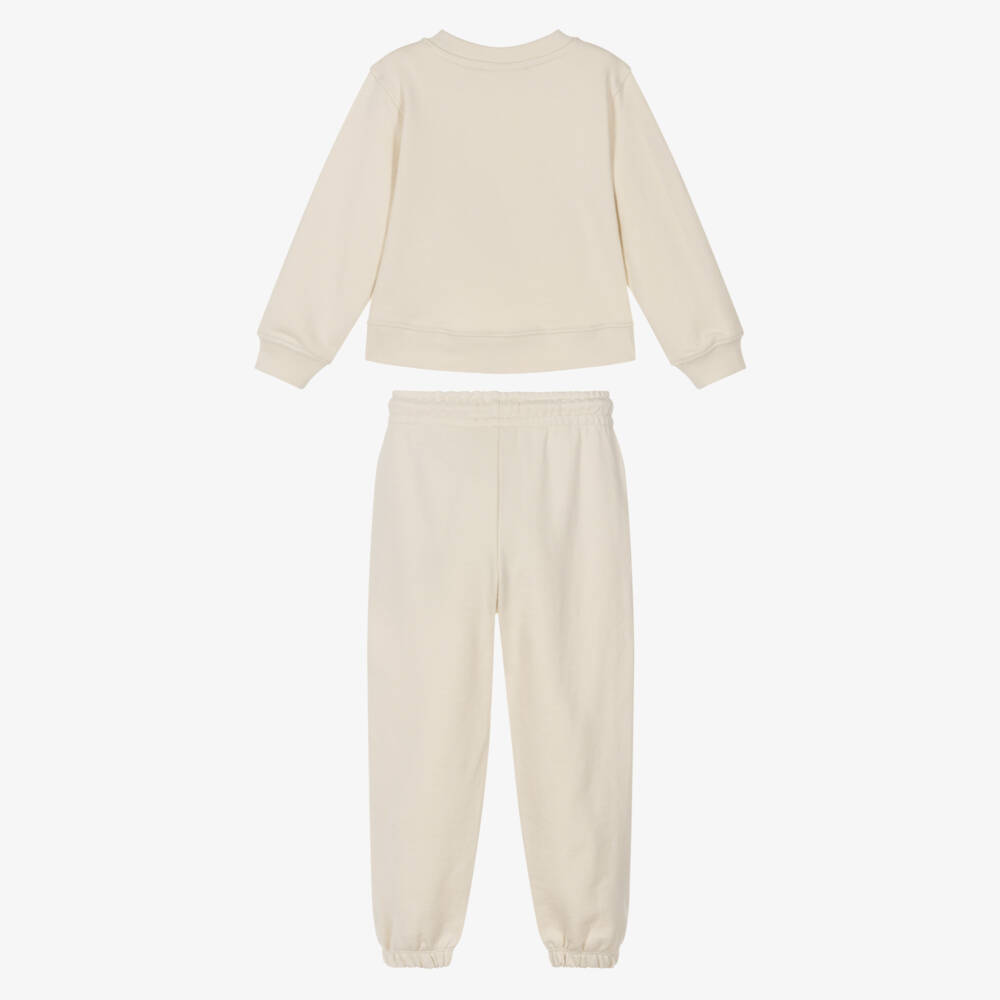 Calvin Klein-Girls Ivory Cotton Tracksuit with Black Piping & Monogram Logo | Childrensalon