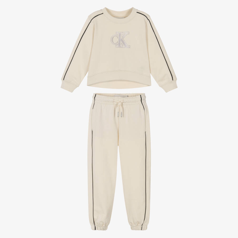 Calvin Klein-Girls Ivory Cotton Tracksuit with Black Piping & Monogram Logo | Childrensalon