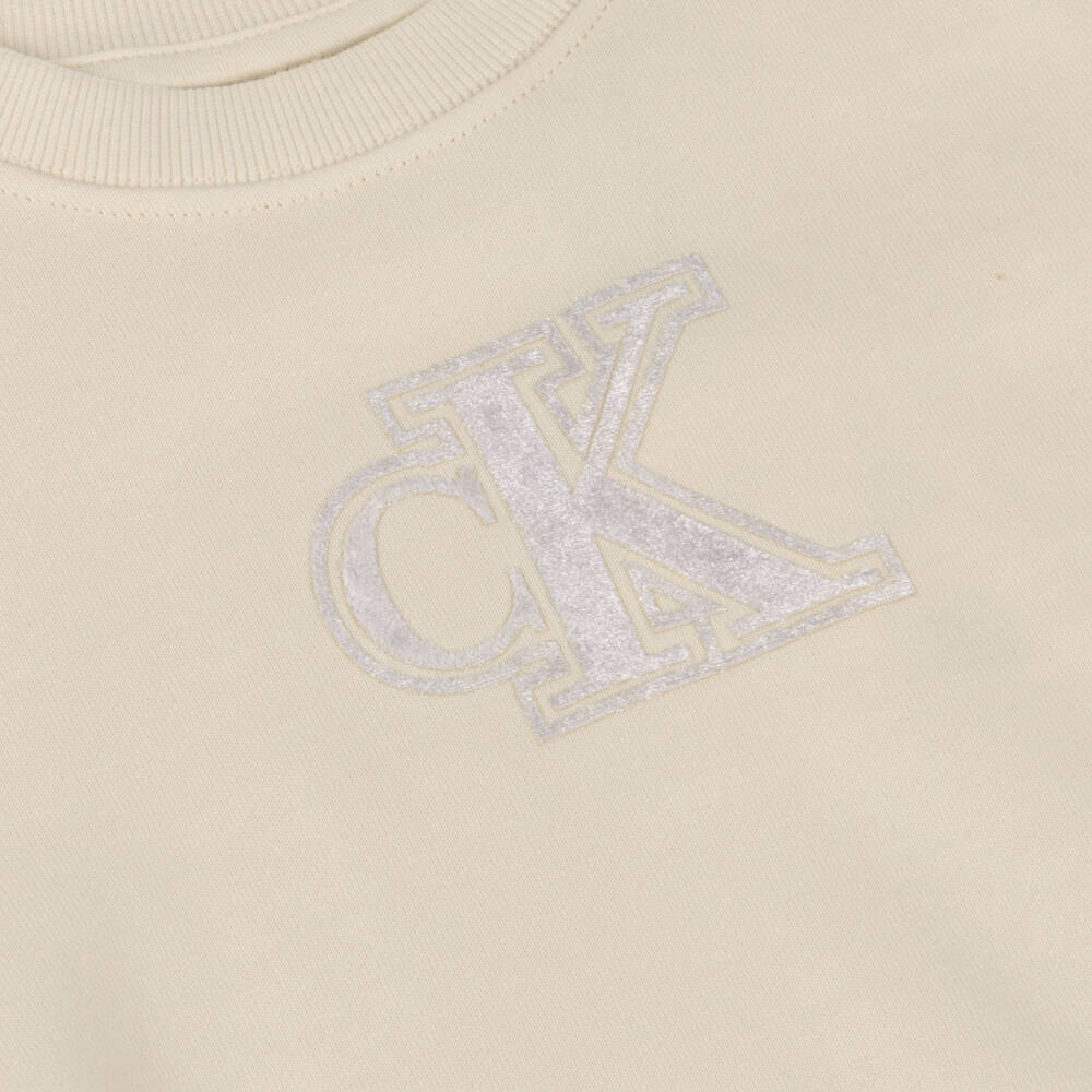 Calvin Klein-Girls Ivory Cotton Tracksuit with Black Piping & Monogram Logo | Childrensalon
