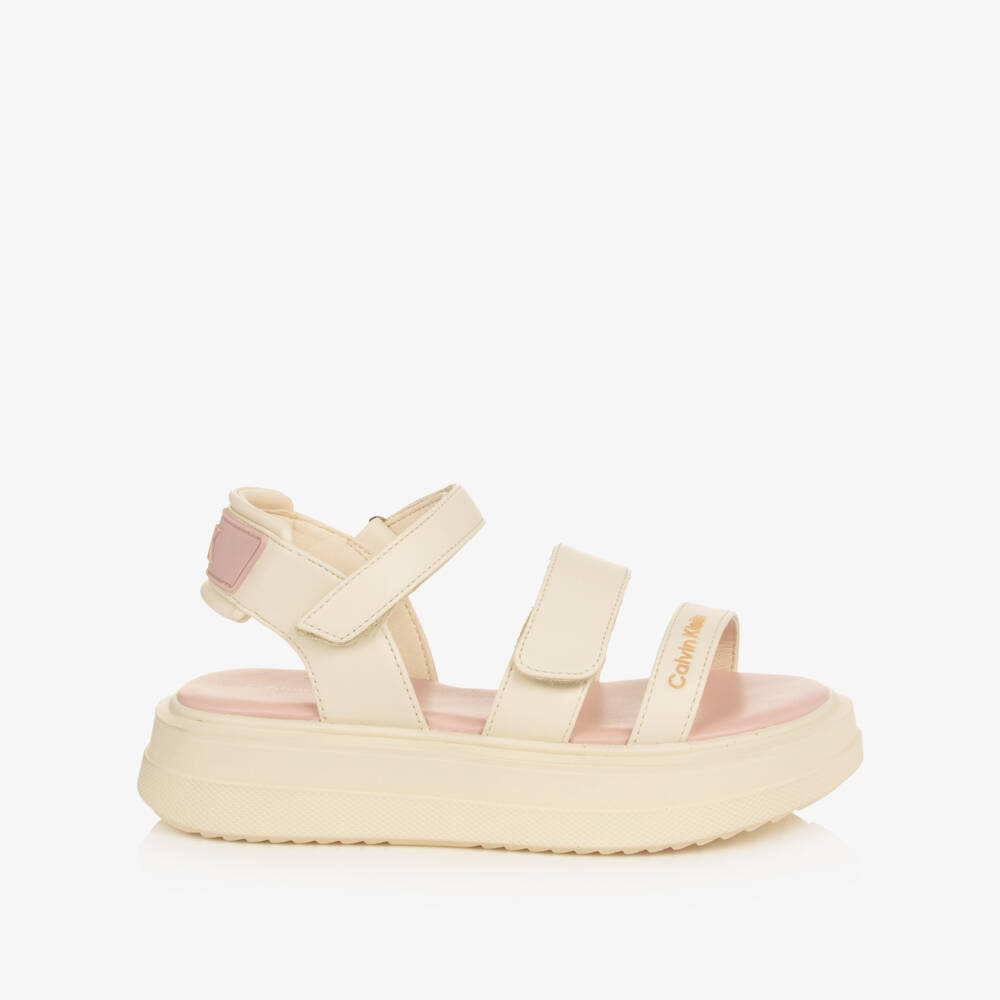 Calvin Klein-Girls Ivory Faux Leather Sandals with Chunky Soles | Childrensalon