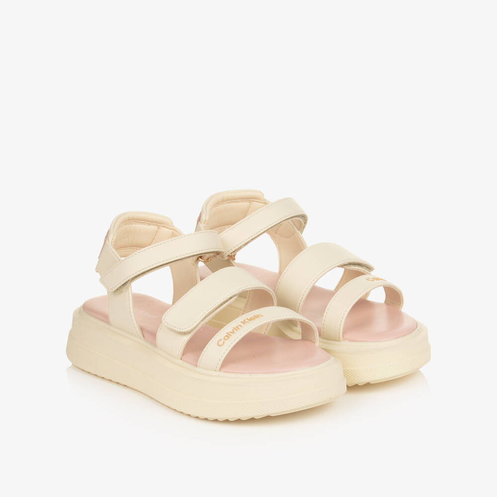 Calvin Klein-Girls Ivory Faux Leather Sandals with Chunky Soles | Childrensalon
