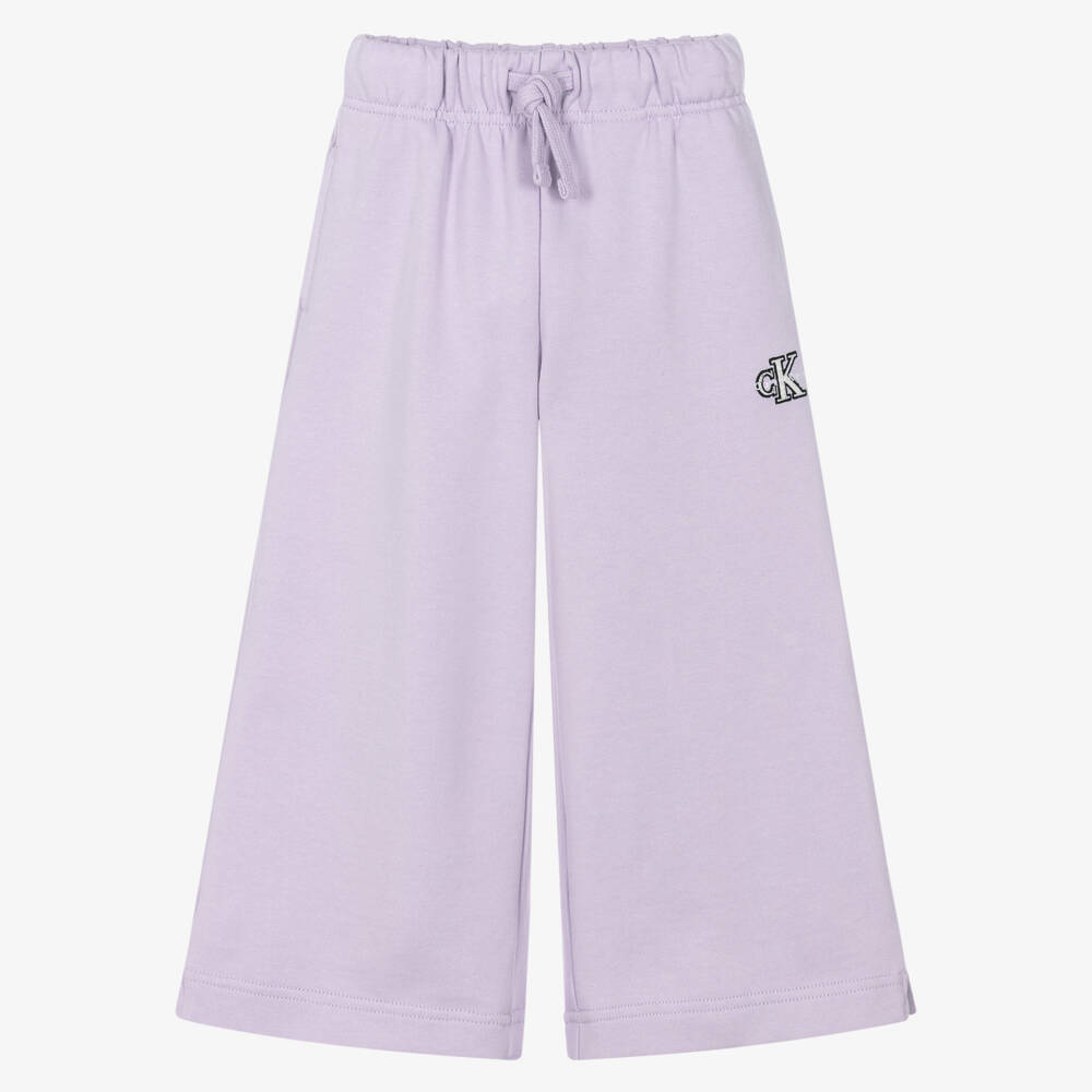 Calvin Klein-Girls Lilac Cotton Wide Leg Joggers with Embroidered Logo | Childrensalon