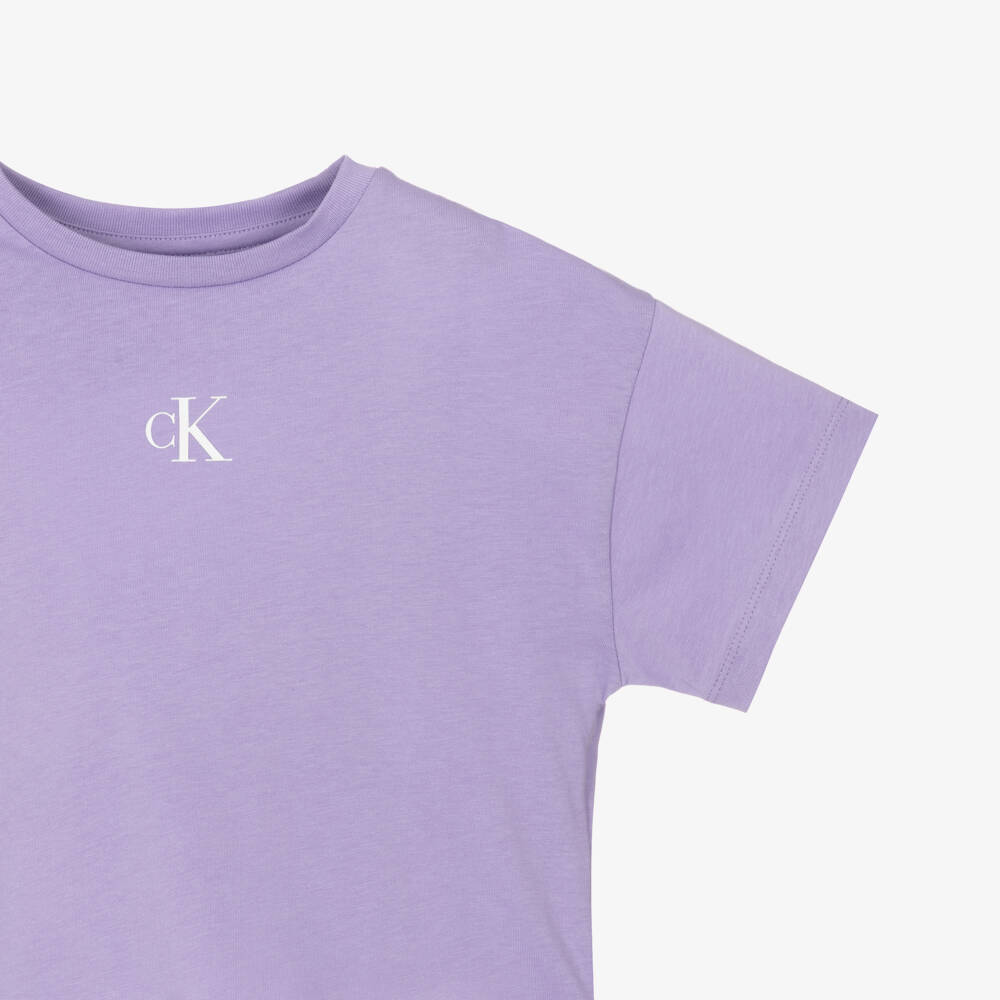 Calvin Klein-Girls Lilac Purple Cotton CK Logo T-Shirt | Childrensalon