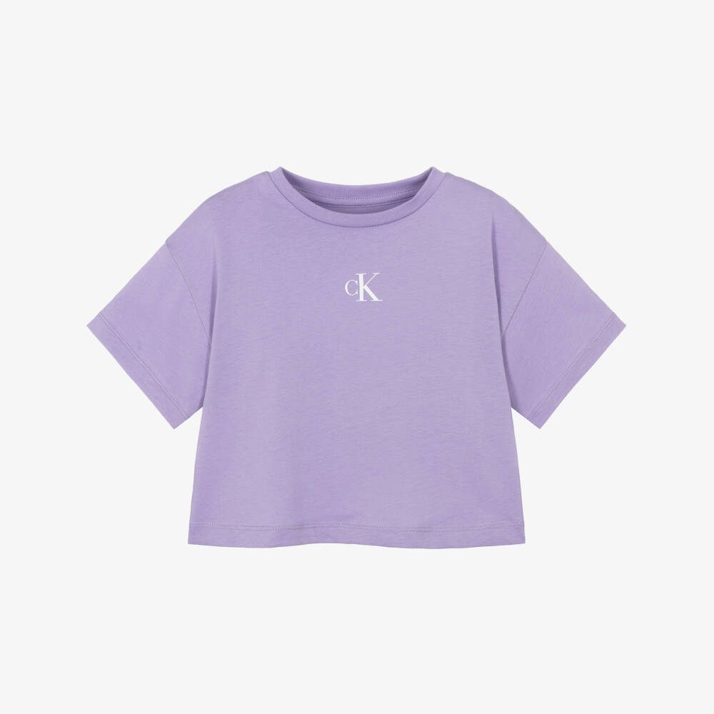 Calvin Klein-Girls Lilac Purple Cotton CK Logo T-Shirt | Childrensalon
