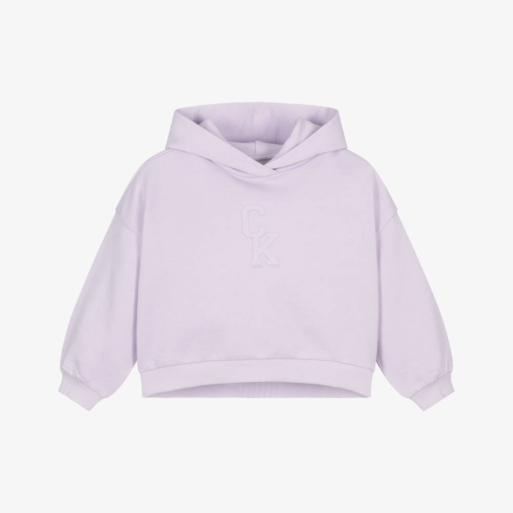 Calvin Klein-Girls Lilac Purple Cotton Hoodie with Bold Face Logo | Childrensalon
