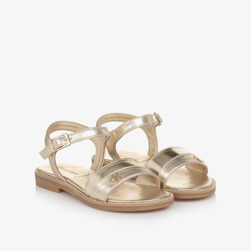 Calvin Klein-Girls Metallic Gold Faux Leather Sandals | Childrensalon
