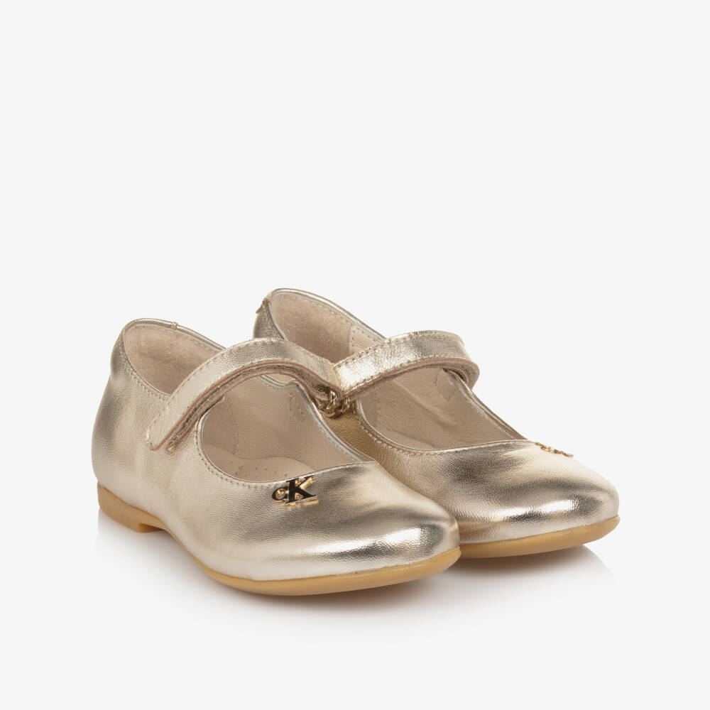 Calvin Klein-Girls Metallic Gold Leather Shoes  | Childrensalon