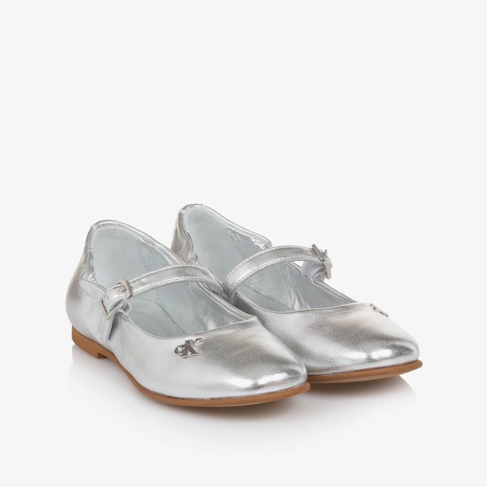 Calvin Klein-Girls Metallic Silver Faux Leather Shoes | Childrensalon