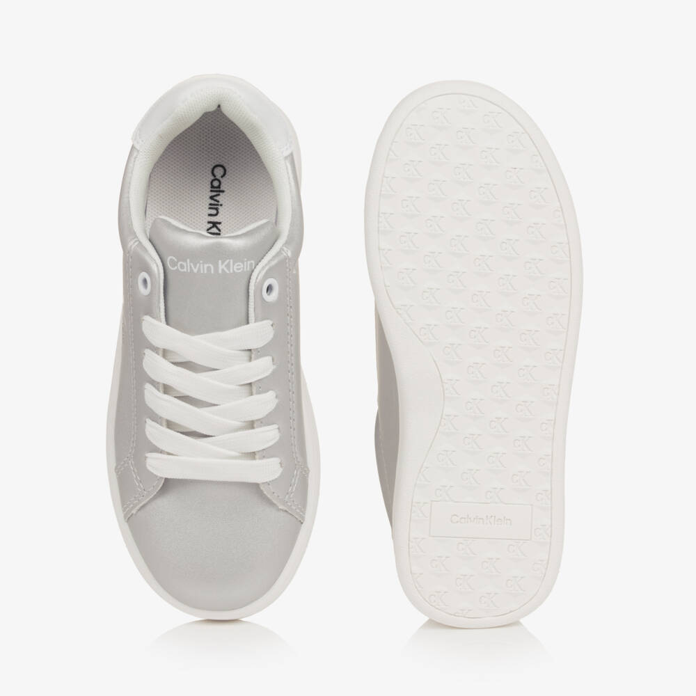 Calvin Klein-Girls Metallic Silver Faux Leather Trainers | Childrensalon
