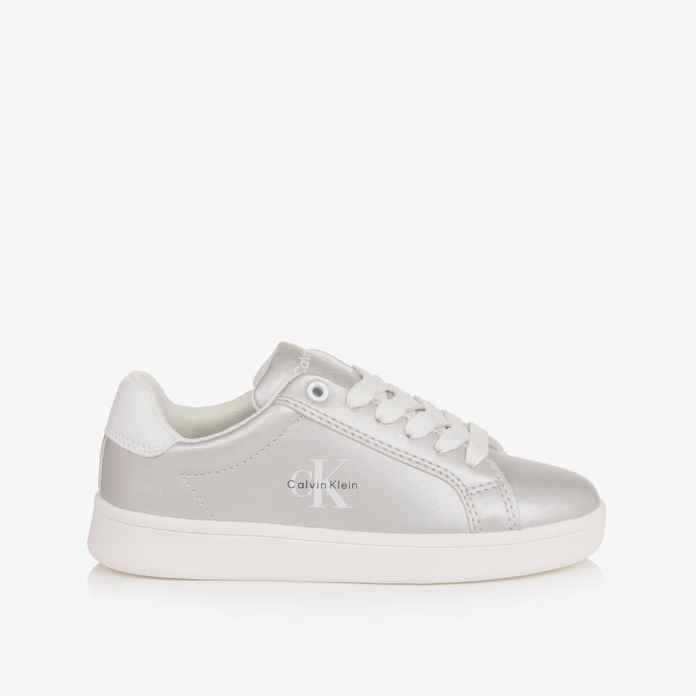 Calvin Klein-Girls Metallic Silver Faux Leather Trainers | Childrensalon
