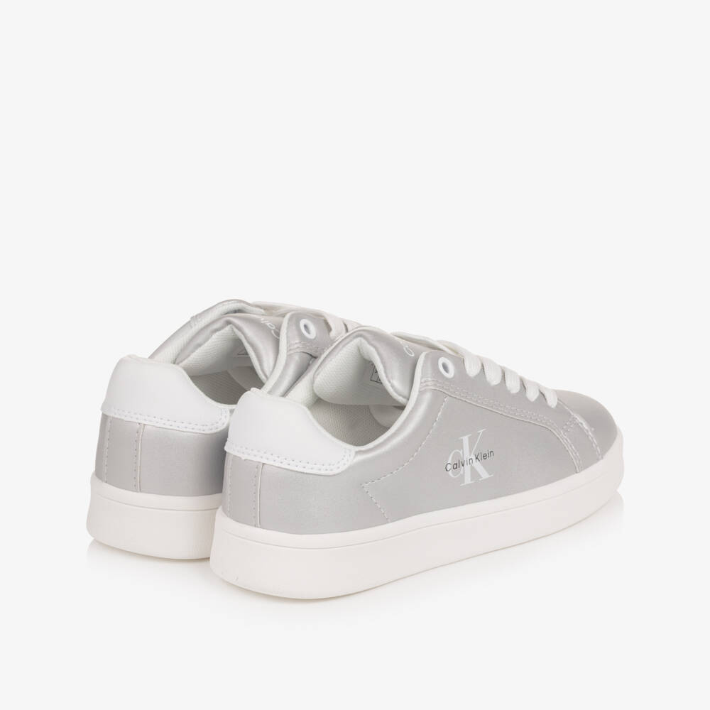 Calvin Klein-Girls Metallic Silver Faux Leather Trainers | Childrensalon