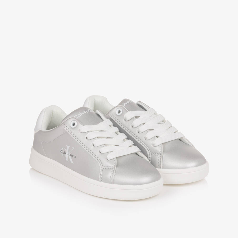 Calvin Klein-Girls Metallic Silver Faux Leather Trainers | Childrensalon