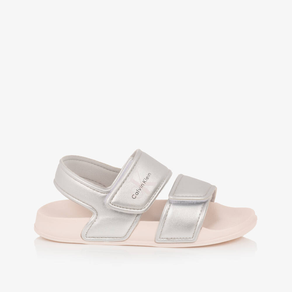 Calvin Klein-Girls Metallic Silver Lightweight Velcro Sandals | Childrensalon