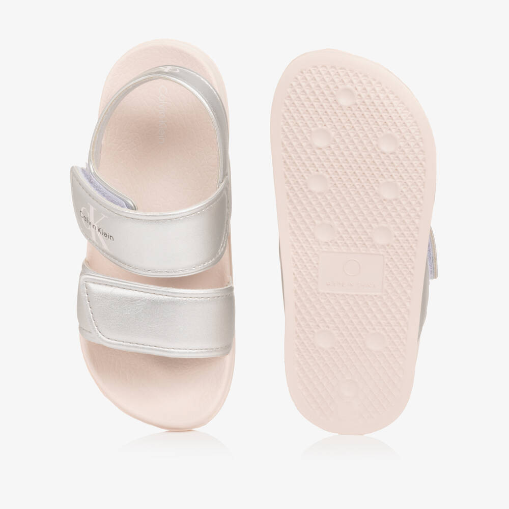 Calvin Klein-Girls Metallic Silver Lightweight Velcro Sandals | Childrensalon