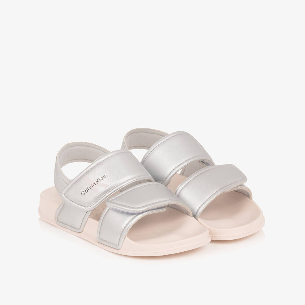 Calvin Klein-Girls Metallic Silver Lightweight Velcro Sandals | Childrensalon