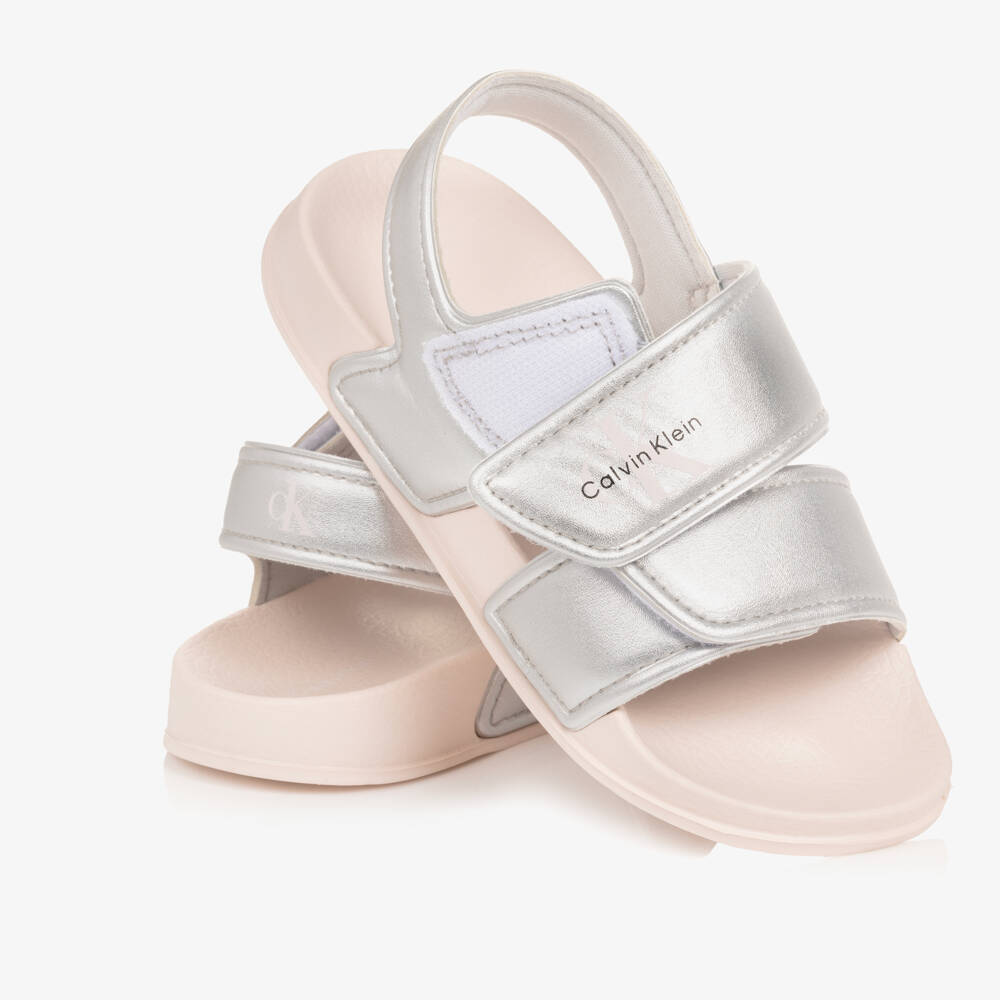 Calvin Klein-Girls Metallic Silver Lightweight Velcro Sandals | Childrensalon