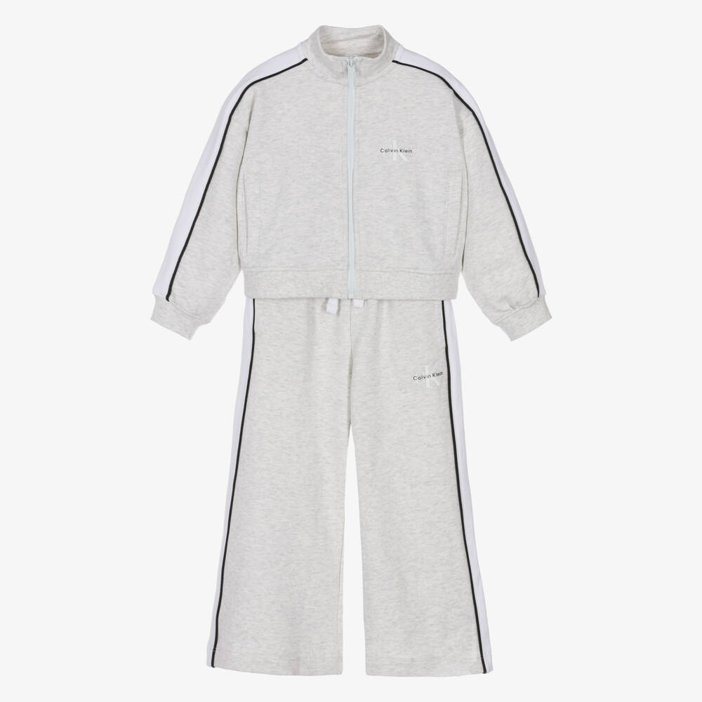Calvin Klein-Girls Pale Grey Marl Cotton CK Logo Tracksuit | Childrensalon
