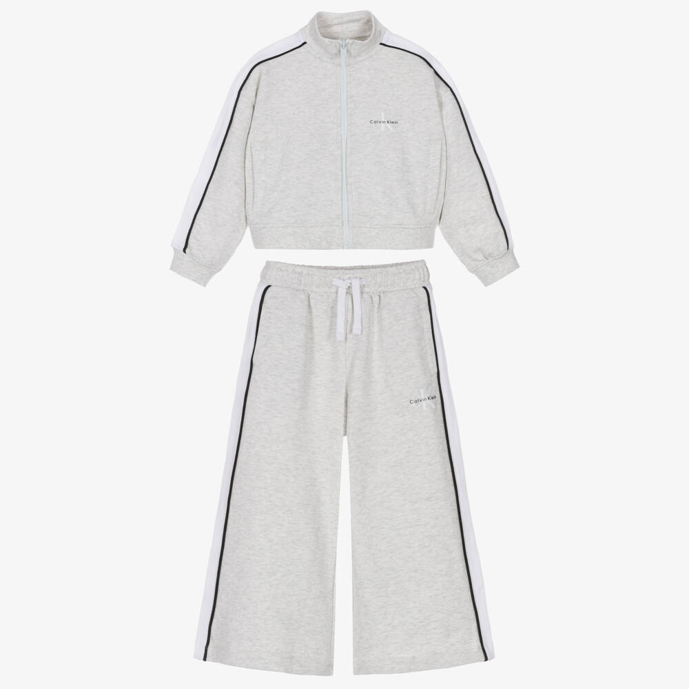 Calvin Klein-Girls Pale Grey Marl Cotton CK Logo Tracksuit | Childrensalon