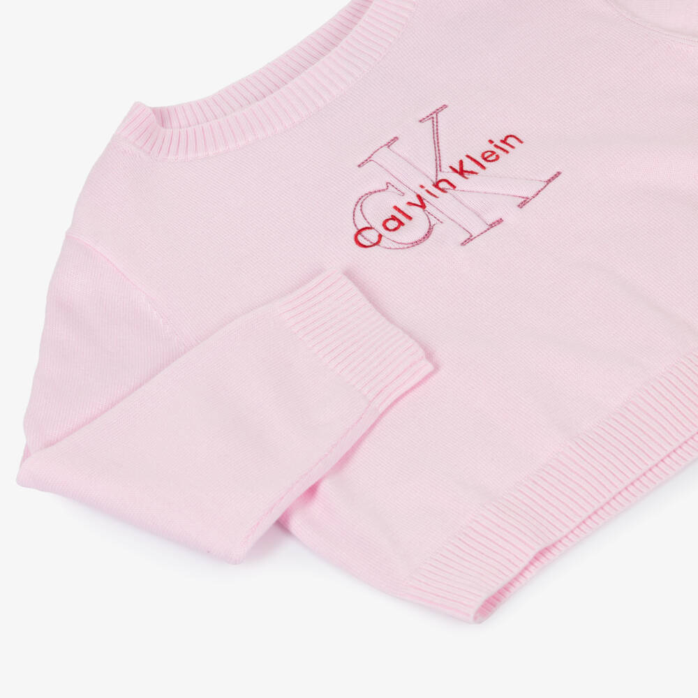 Calvin Klein-Girls Pale Pink Cotton Sweater with Embroidered Monogram Logo | Childrensalon