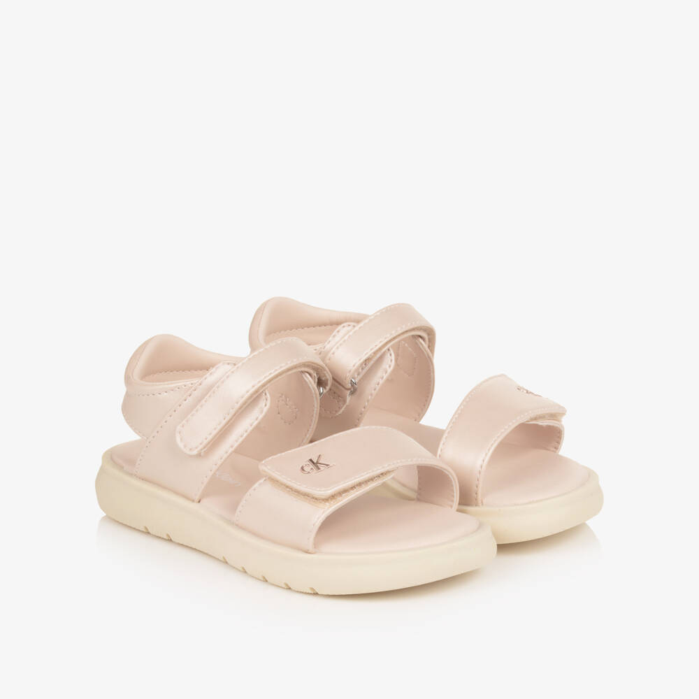 Calvin Klein-Girls Pearlescent Pink Faux Leather Sandals | Childrensalon
