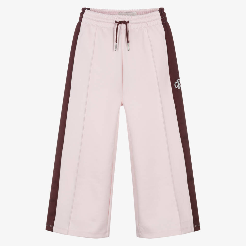 Calvin Klein-Girls Pink & Burgundy Red Wide-Leg Joggers with Monogram Logo | Childrensalon