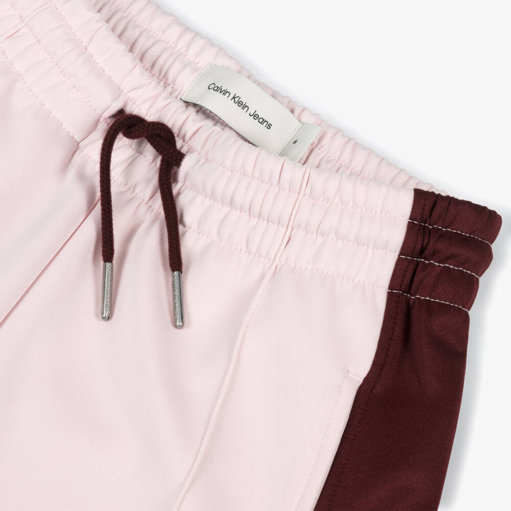 Calvin Klein-Girls Pink & Burgundy Red Wide-Leg Joggers with Monogram Logo | Childrensalon