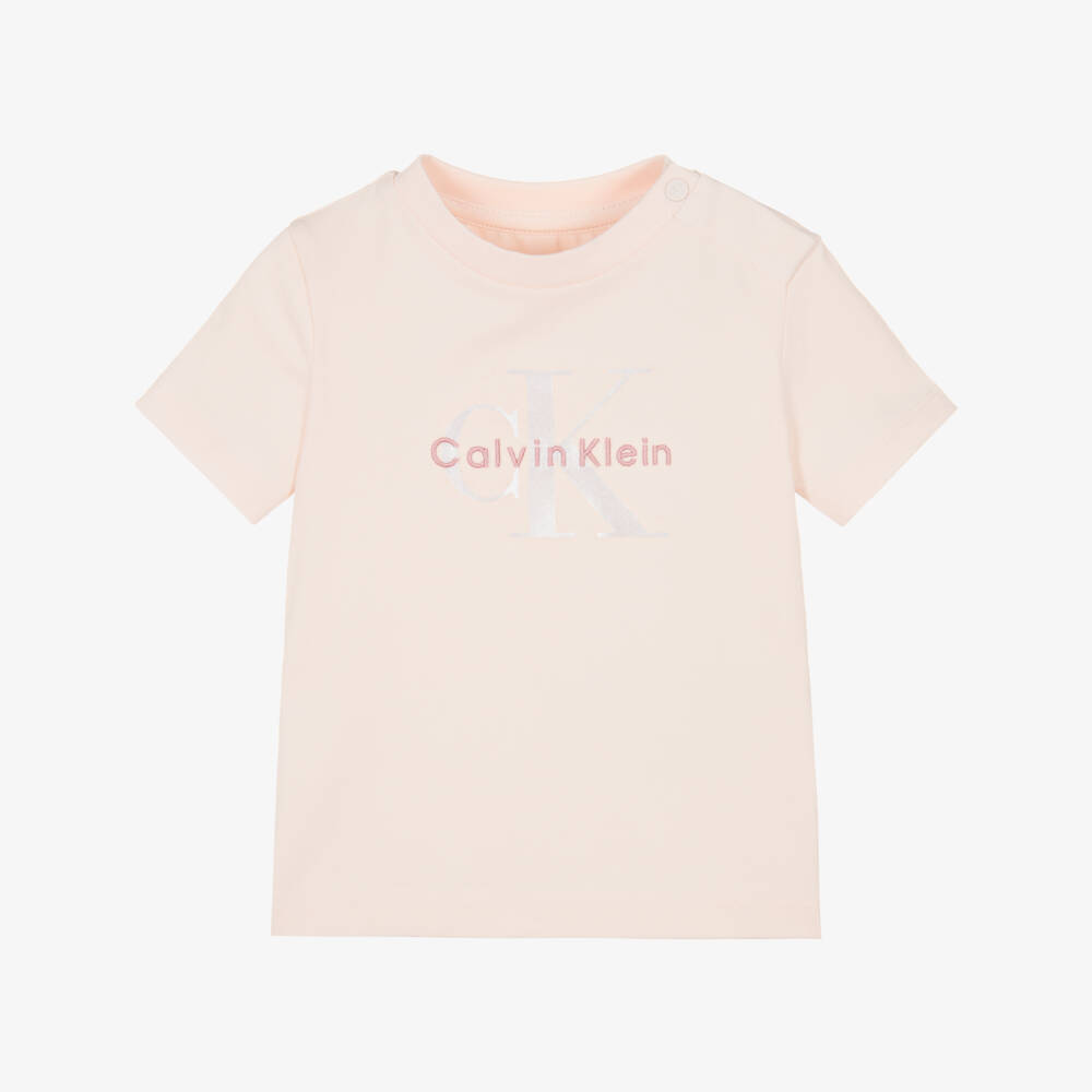 Calvin Klein-Girls Pink CK Monogram Logo Cotton T-Shirt | Childrensalon