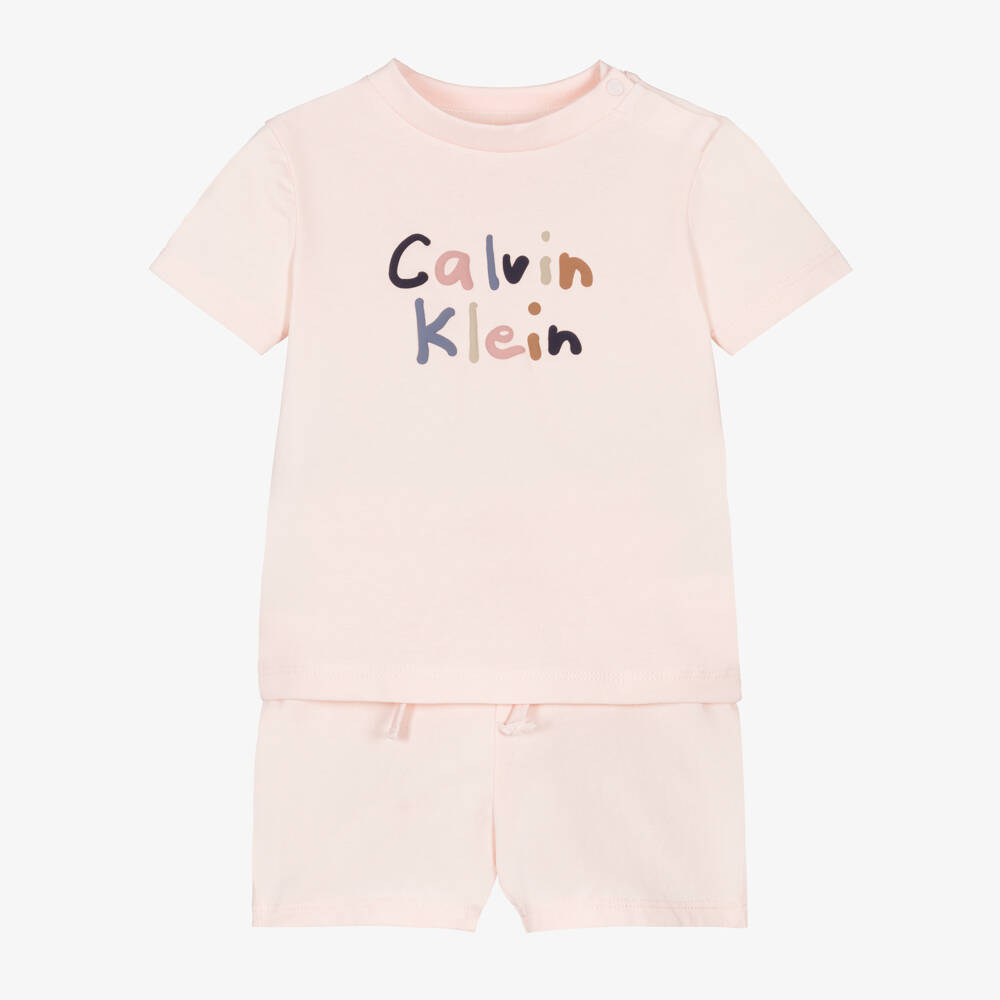 Calvin Klein-Girls Pink Cotton Jersey Shorts Set with Colourful Logo | Childrensalon