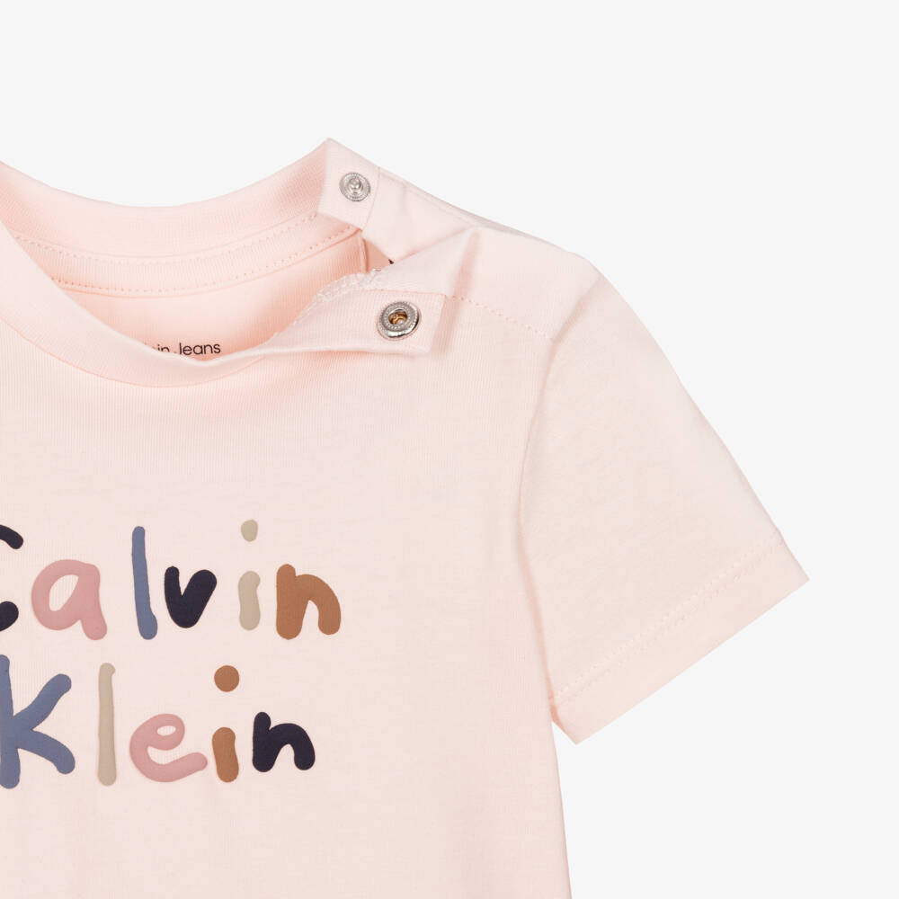 Calvin Klein-Girls Pink Cotton Jersey Shorts Set with Colourful Logo | Childrensalon