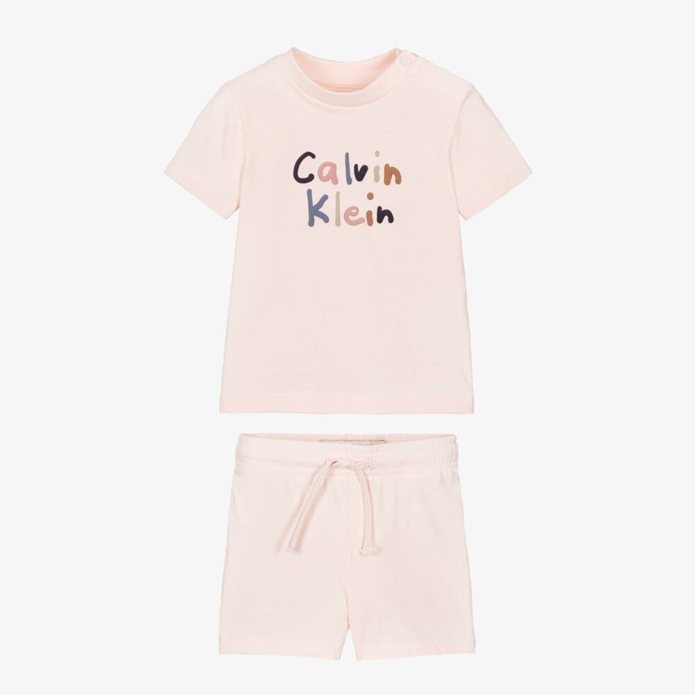 Calvin Klein-Girls Pink Cotton Jersey Shorts Set with Colourful Logo | Childrensalon