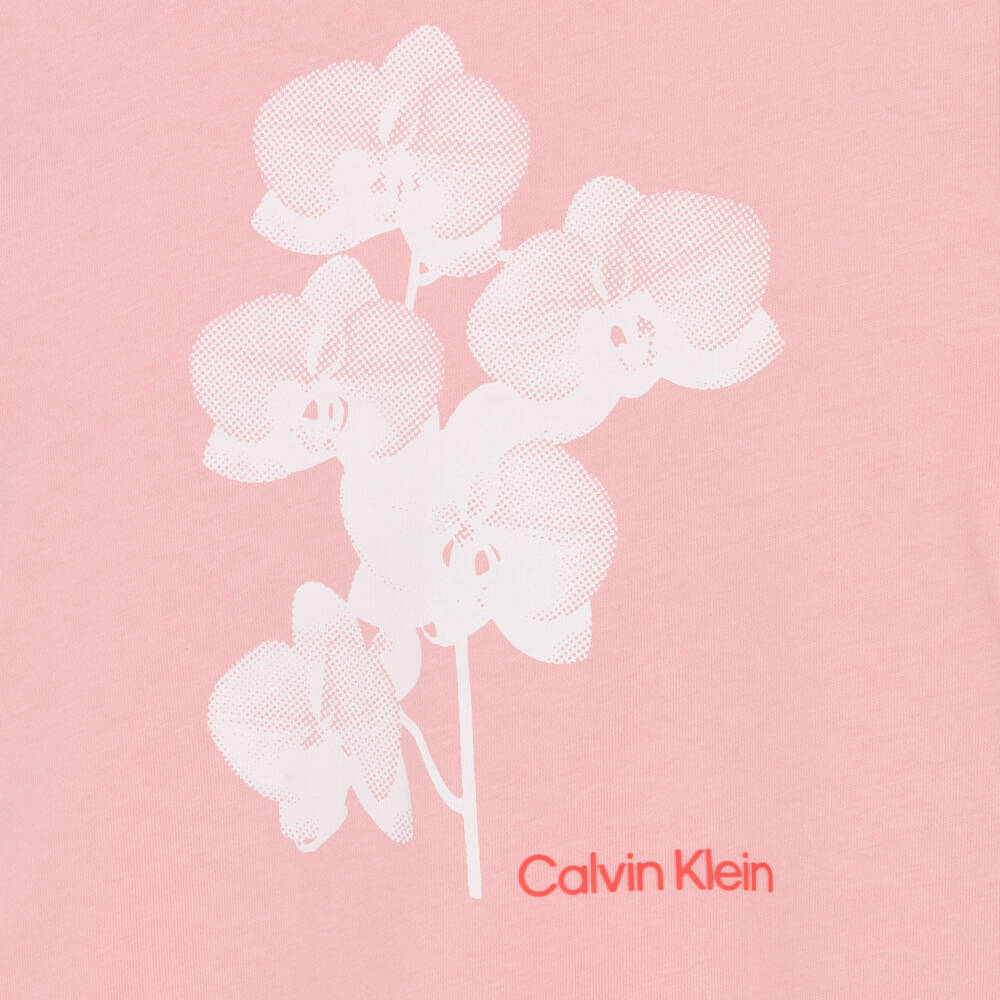 Calvin Klein-Girls Pink Cotton Logo T-Shirt with Orchid Print | Childrensalon