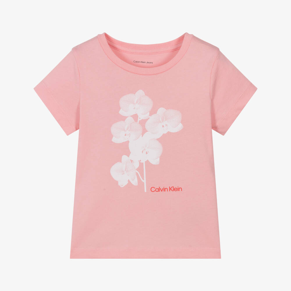 Calvin Klein-Girls Pink Cotton Logo T-Shirt with Orchid Print | Childrensalon