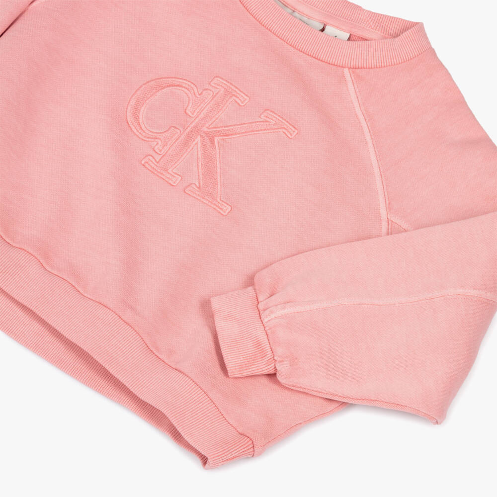 Calvin Klein-Girls Pink Cotton Sweatshirt with CK Monogram Appliqué | Childrensalon